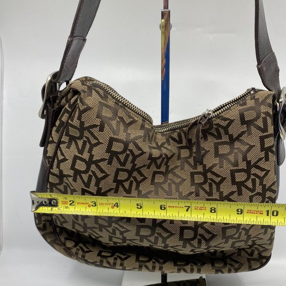 DKNY Brown Tan All Over Logo Fabric Hobo Bag - Picture 3 of 12